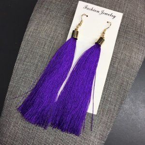 Long Dangle Pierced Earrings Purple Tassel Fringe Gold Retro BoHo